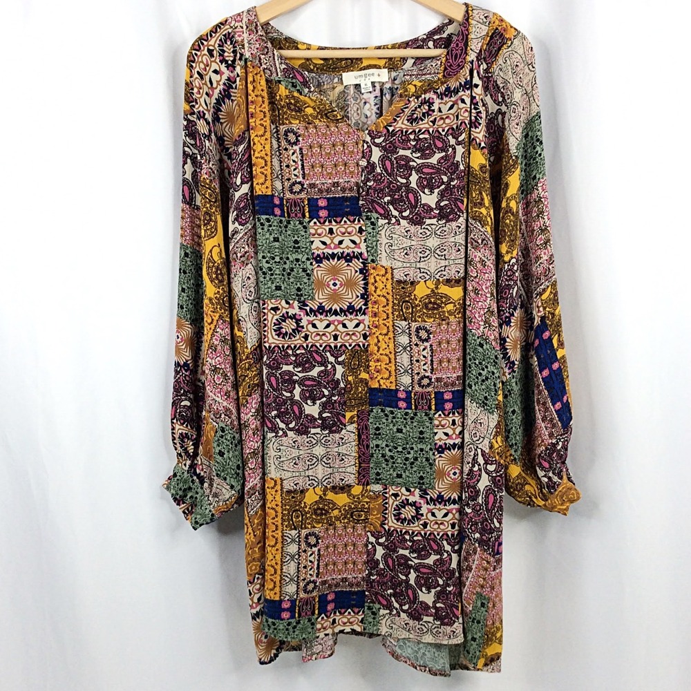 Umgee Patchwork Floral Paisley Mini Dress Women's Size XL Long Sleeve Boho - Picture 2 of 8